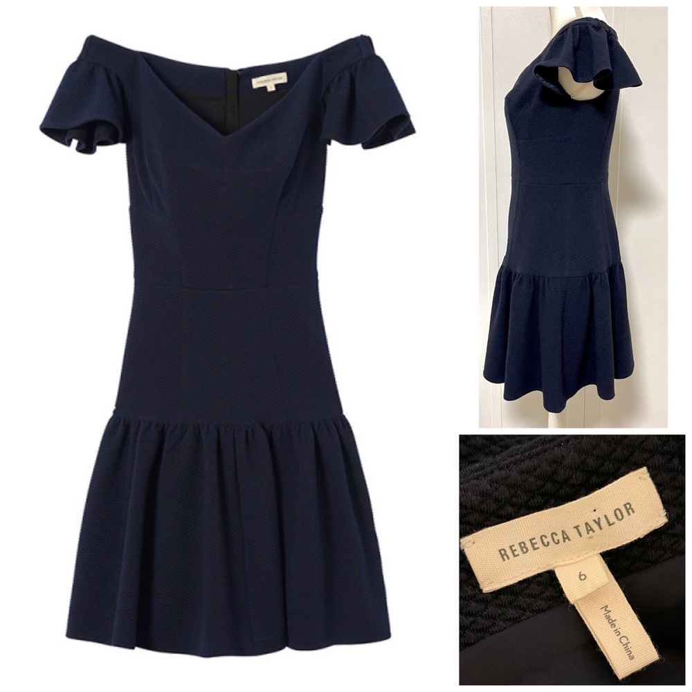 REBECCA TAYLOR Dress Mini Stretch Texture Off Shoulder Ruffle Sleeve Navy 6
